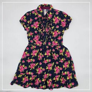 Cherokee Girls Floral Dress Navy Pink Ruffle Hem Tie Back Size M 7/8